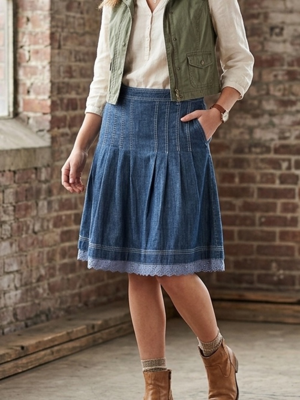 Vintage Y2K Denim Skirt 10 Boho Chic Cottagecore Coastal Cowgirl Eyelet Western